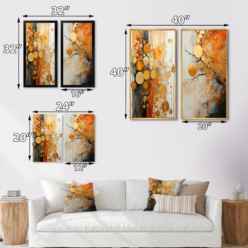 " Gold Grey Rustic Reflections " 2 - Pieces, 40" H x 40" W, Black Framed