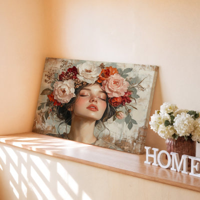 Portrait romantique de femme romantique avec couronne florale élégante, impression sur toile pour le salon, la chambre à coucher, le bureau, le couloir, le vestibule, le mur de la galerie et la décoration moderne