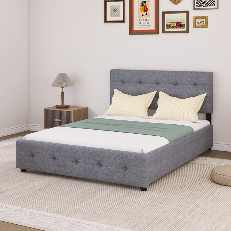 Lit plateforme avec tête de lit classique et 4 tiroirs, Gris foncé