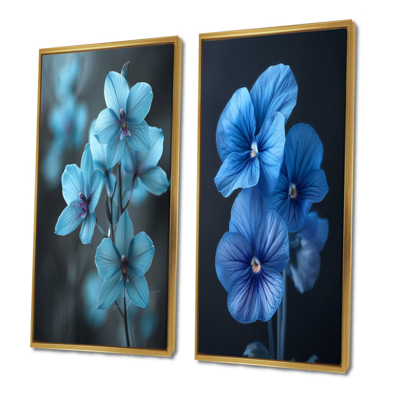 Ensemble de 2 pièces d'art mural orchidées bleues, H 32 po x l 32 po, Impression encadrée, Doré