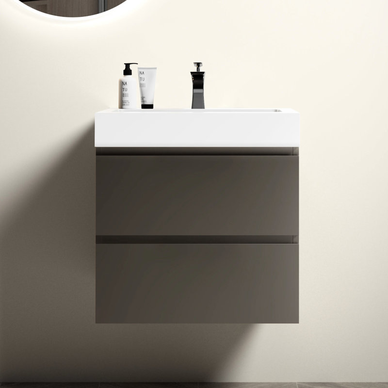 Meuble-lavabo mural 24 po gris avec lavabo, grands tiroirs doubles de style moderne, glissières silencieuses, poignée-lavabo - moderne, tiroirs pour rangement pratique, élégant