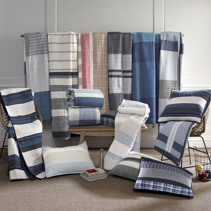 Blue and Gray Cotton Twin Reversible Quilt Set