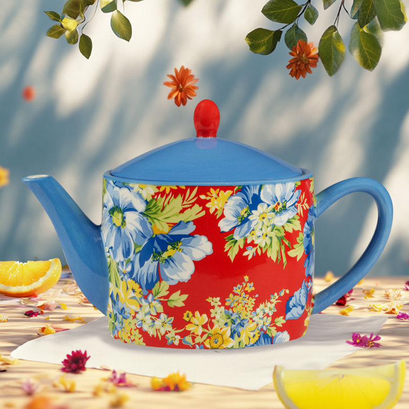 Multicolor Floral Earthenware Teapot with Blue Lid