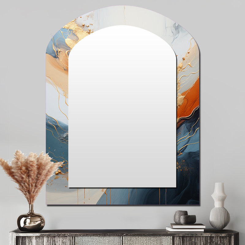 Golden Sunrisre abstrait doré et bleu nova I - peinture abstraite arche, miroir mural unique, grand miroir asymétrique doré, impression d'art en métal