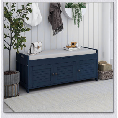 Storage Bench with 3 Shutter-shaped Doors, Shoe Bench with Removable Cushion and Hidden Storage by Lark Manor