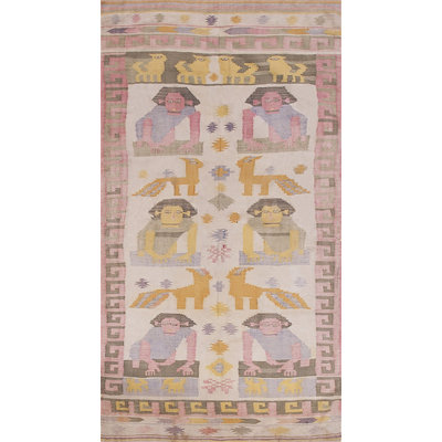 Antique Geometric People and Animals Small Scatter Size Cotton Dhurrie Rug