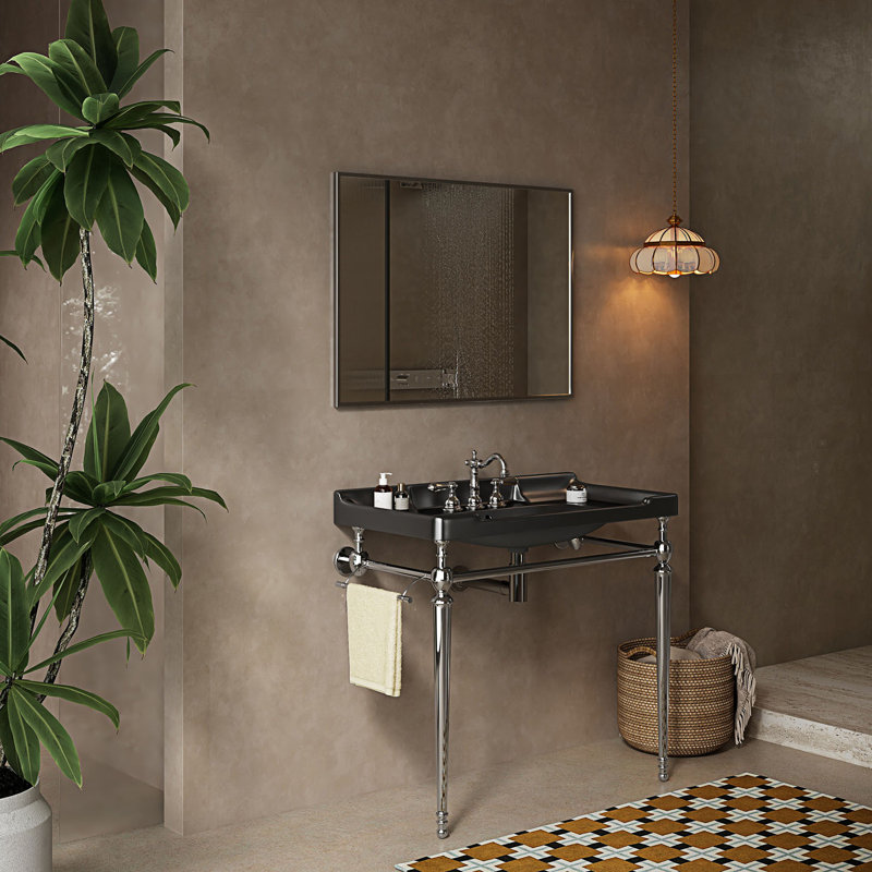 Lavabo console de salle de bain, lavabo mural avec 3 trous pré-percés et pieds, Noir/chrome