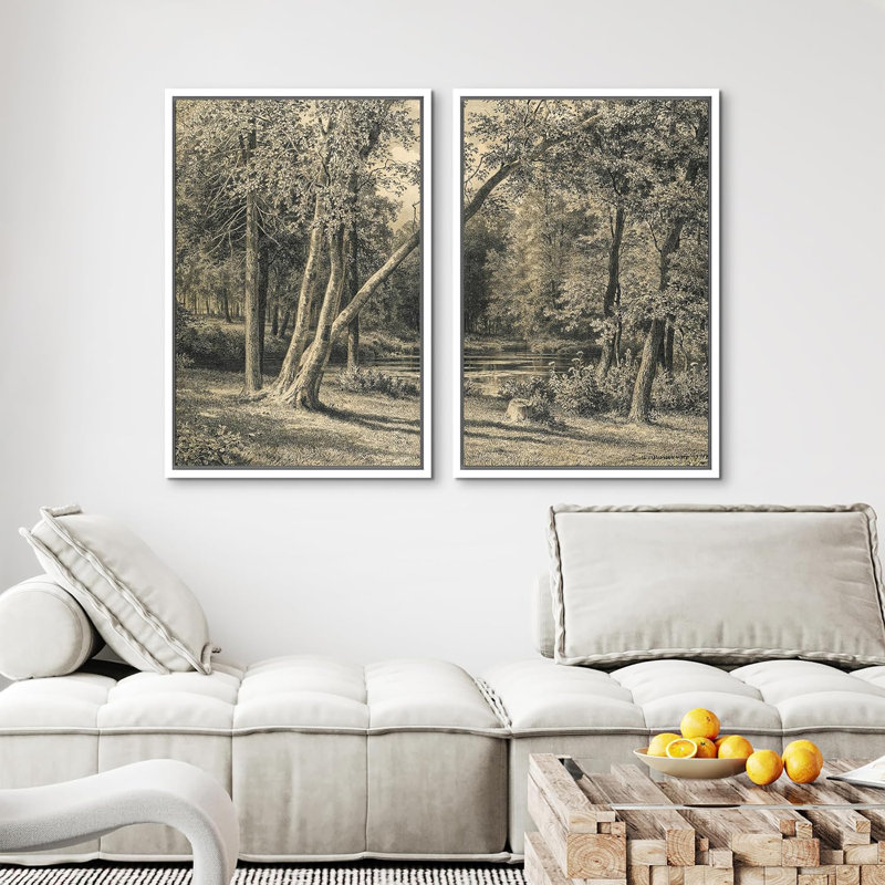 «Rustic Countryside Forest Trees Landscape», reproduction sur toile encadrée 2 pièces, H 24 po x l 32 po x P 1,5 po, Blanc