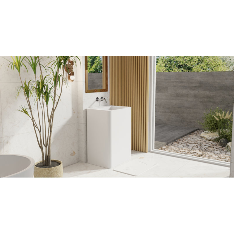 Badeloft Rectangular Stone Resin Freestanding Pedestal Bathroom Sink SB-04-A-G in Glossy White, Glossy White