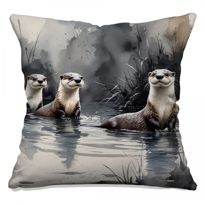 Otters In River Double Sided Throw Pillows