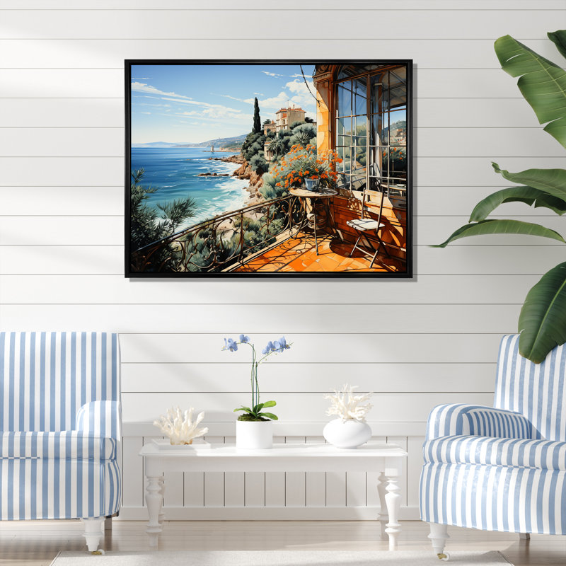 French Riviera Beach Reflections - Coastal Windows, art mural, Cadre flottant noir, H 30 po x l 40 po x P 1,5 po