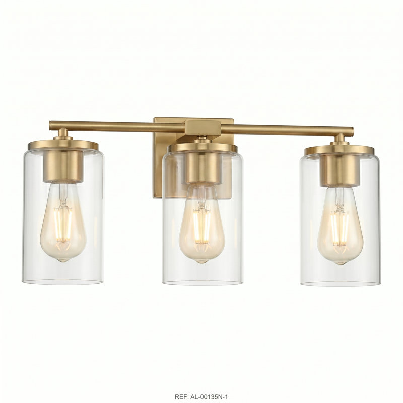 Gabi 3-Light Bathroom Vanity Light with Clear Glass Shades, Modern Linear Wall Sconce, Damp Rated, Available in Brass, Brass