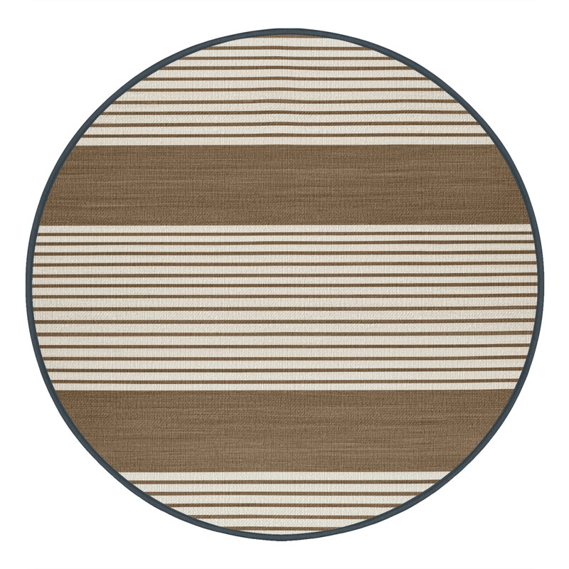 Washable Khaki White Striped Area Rug, Round 3'