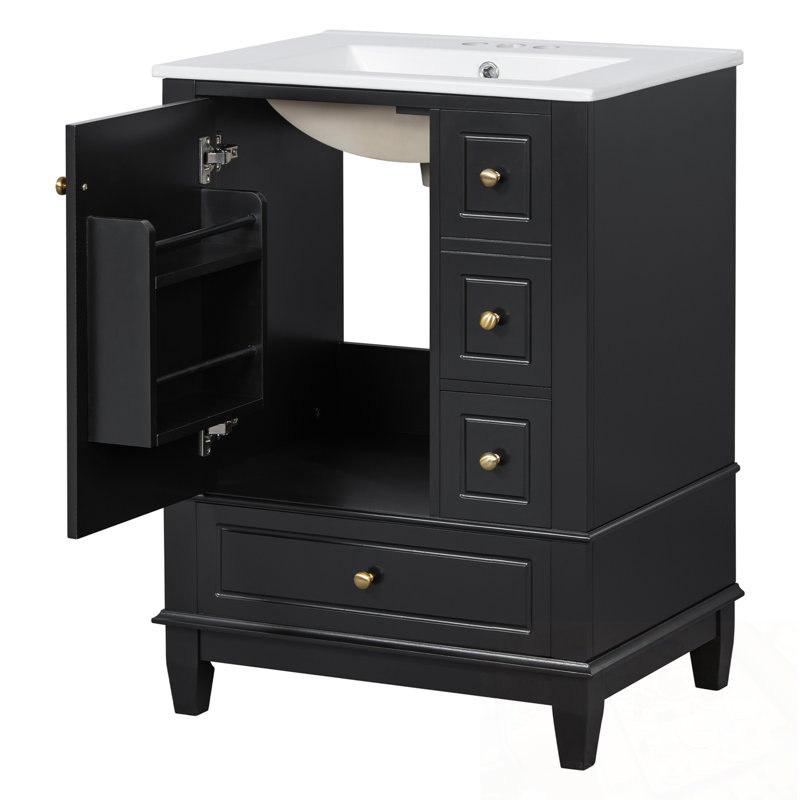Meuble-lavabo de salle de bain avec lavabo, tiroirs et tablettes de rangement, Noir