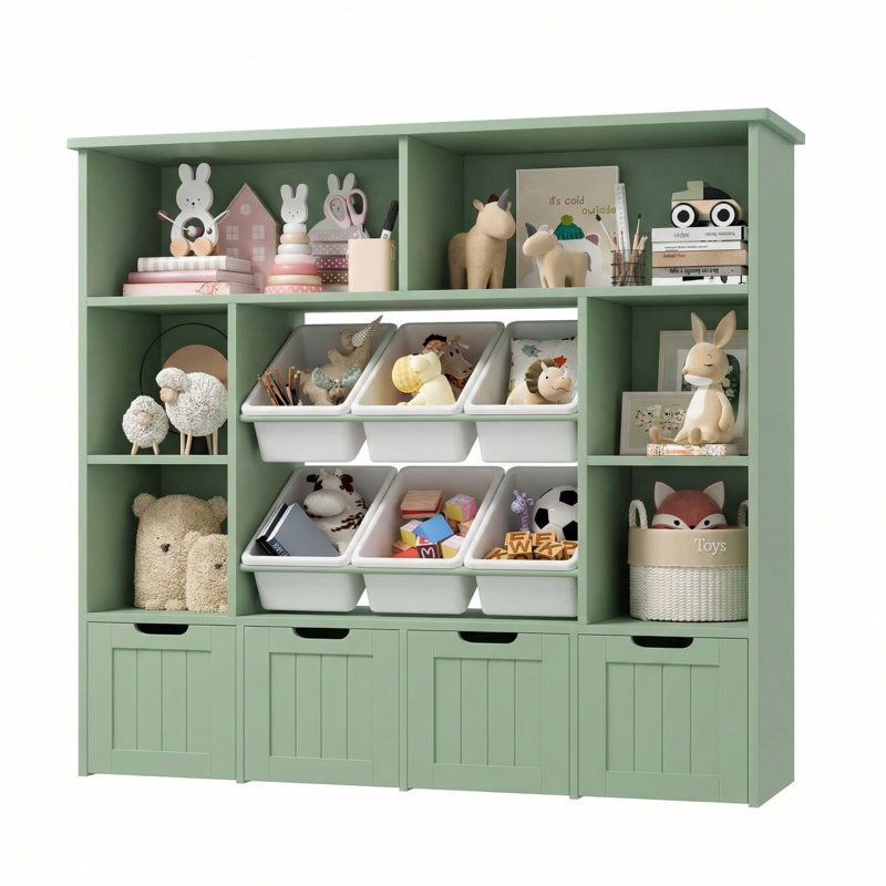 49.4" W Kids Bookcase with 4 Removable Drawers, Cube Organizer, Green/White