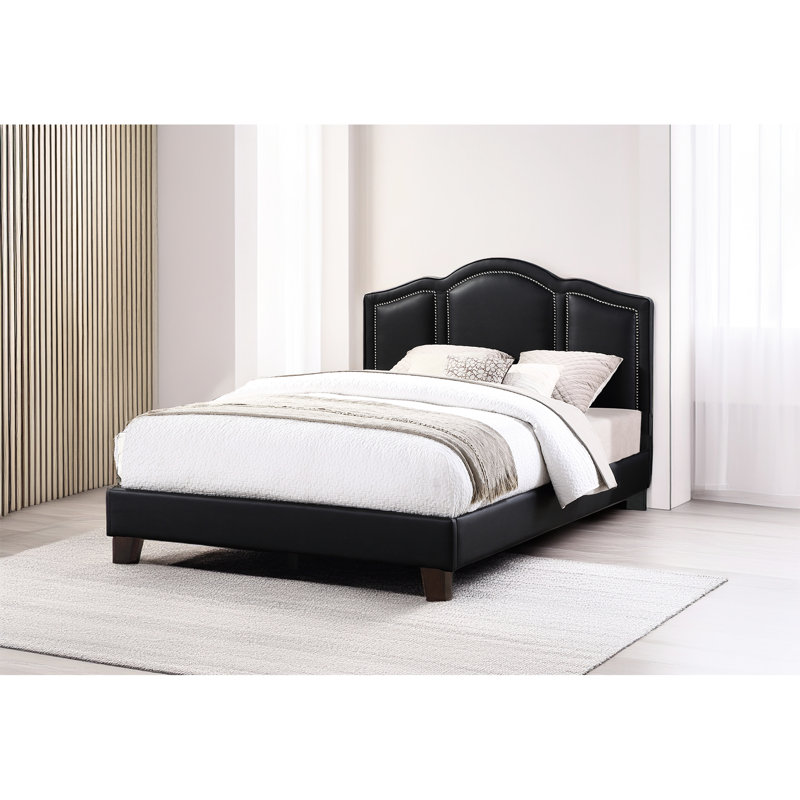 Lit double noir, similicuir innovant, cadre en bois massif et composite, assemblage requis