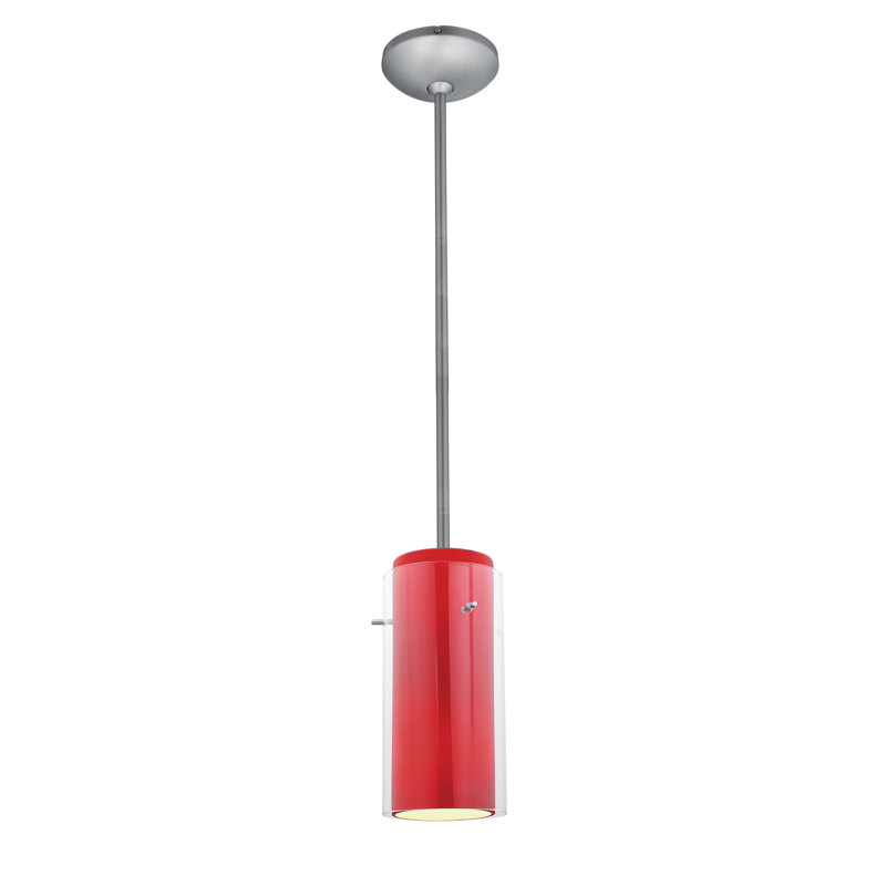 Luminaire suspendu cylindrique à 1 lumière Clarksburg, Acier brossé, Rouge transparent
