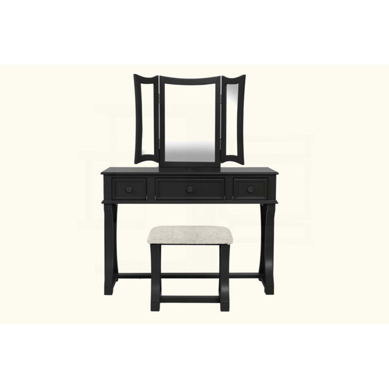 Unique Modern Bedroom Vanity Set W Stool Foldable Mirror Drawers MDF Veneer 1Pc Vanity Set