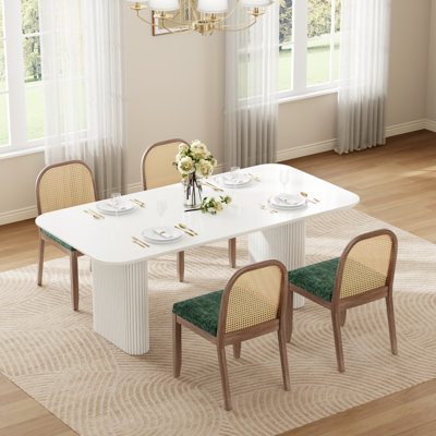 Mid-Century Farmhouse Dining Table Set For 4-6, Rectangle Wooden Kitchen Table And Chenille Chair For Dining Room, Small Space, Apartment