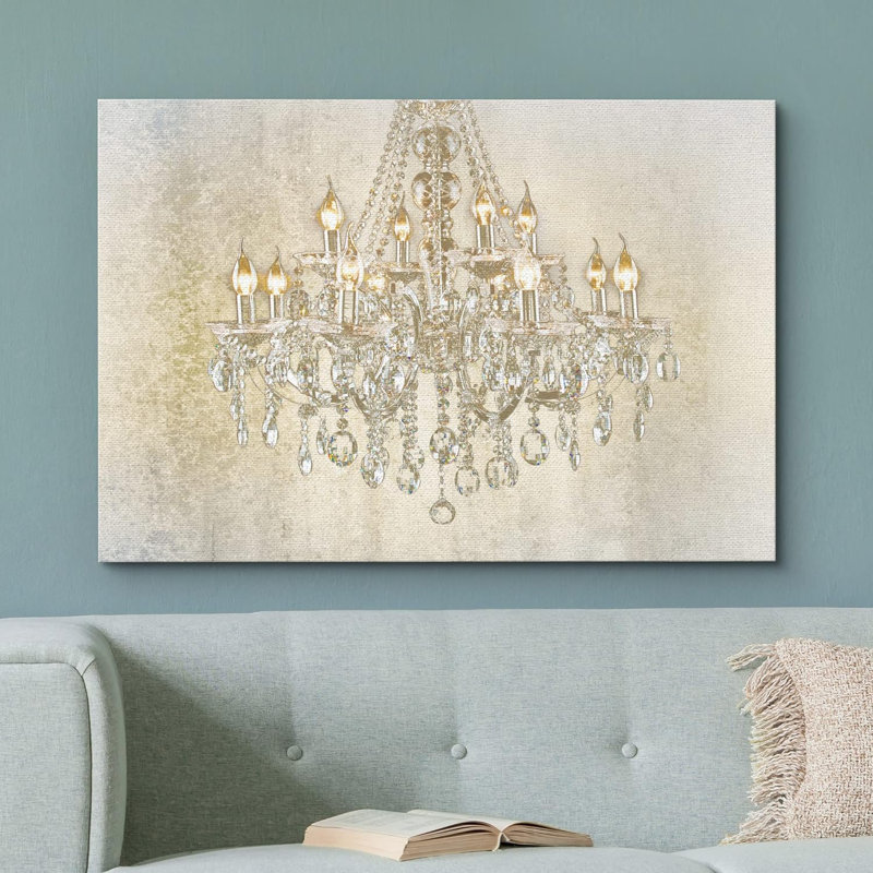 Glam Crystal Chandelier " Beige Green Crystal Bright Chandelier On White Background Decor Lights Modern Art ", Wrapped Canvas