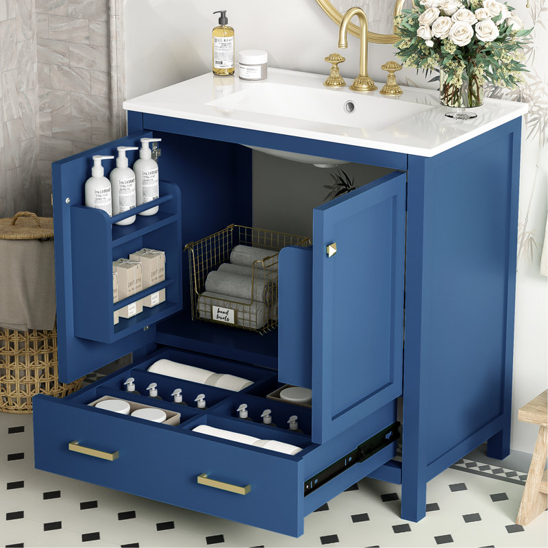 Meuble-lavabo de salle de bain bleu 30 po. Fabrication en bois massif, portes. Lavabo simple en céramique. 2 portes, 1 tiroir de rangement. Pour une commode de rangement élégante. Et matériau. Meuble-lavabo. Moderne