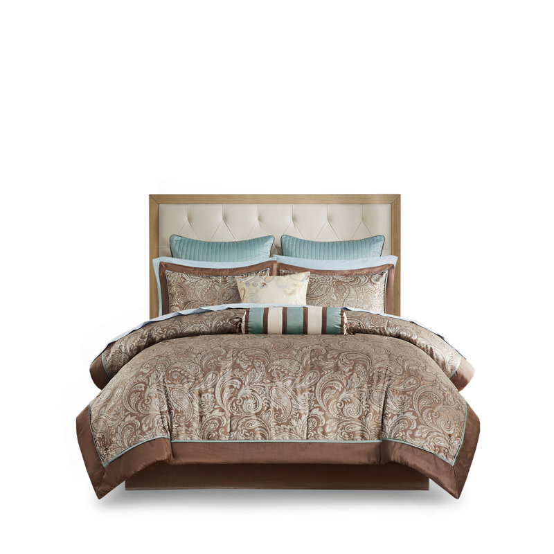 Ensemble d'édredon 12 pièces avec draps en coton bleu / brun, Édredon double / grand + 11 pièces supplémentai, Brun