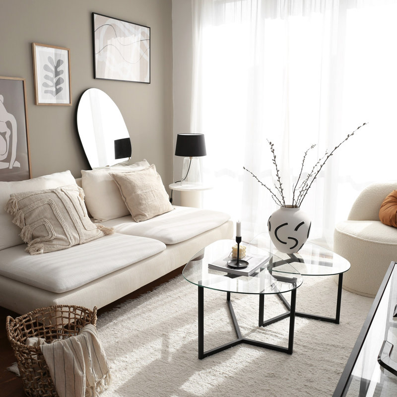 Modern Coffee Table Set (2 Pieces), Matte Black, 32.3 x 15.7 x 22.8 & 32.3 x 14.2 x 22.8 inches | 100% Tempered Glass Top (0.24 inches) & 100% Metal Frame | Industrial Style Perfect for Living Room Décor