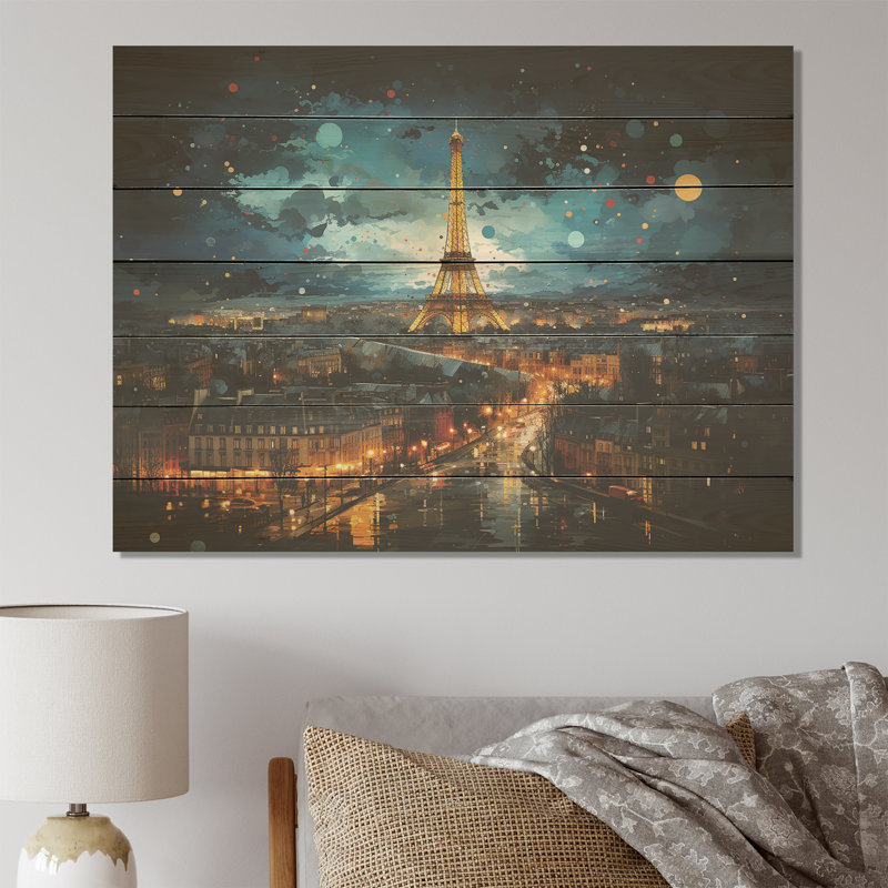 Paris vue de nuit de la Tour Eiffel - Paris sur impression sur bois, H 34 po x l 44 po