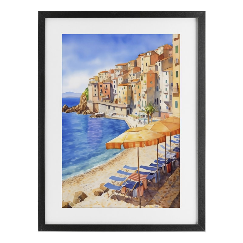 «Beach Lounging on Mediterranean Shore», reproduction encadrée sous verre, design by Creative Studio, 20 x 14