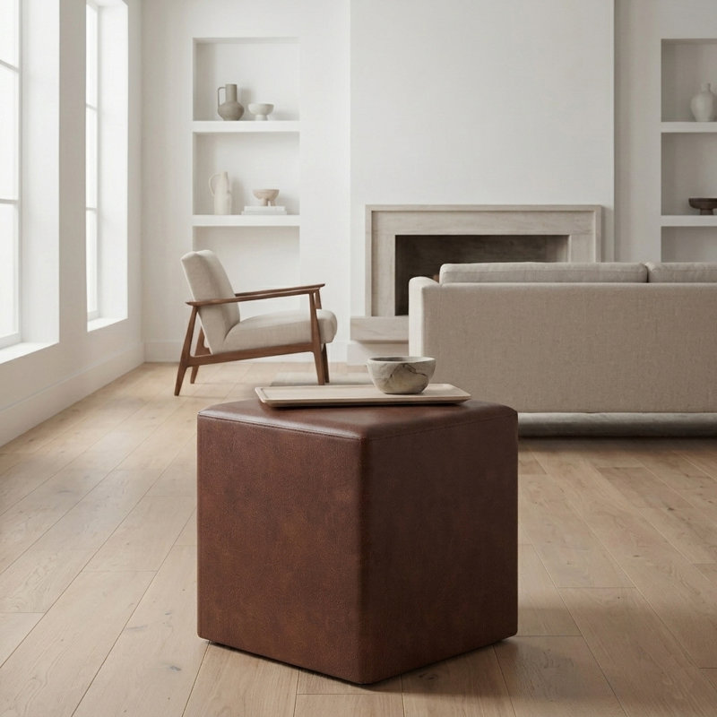 16.73" W Square Cube Ottoman, Brown Faux Leather