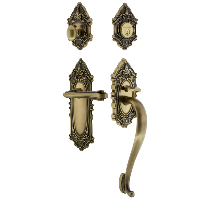 Nostalgic Warehouse Victorian Plate S Grip Handleset with Single Cylinder Deadbolt and Fleur Lever, Left, 2 3/4"