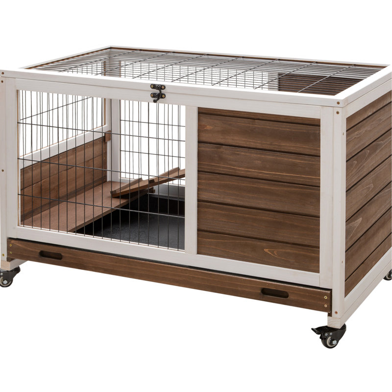 Cage en bois pour animaux de compagnie, avec un enclos et un toit fermés, un abri à lapins brun, un plateau sécuritaire et facile à nettoyer, pour les petits animaux