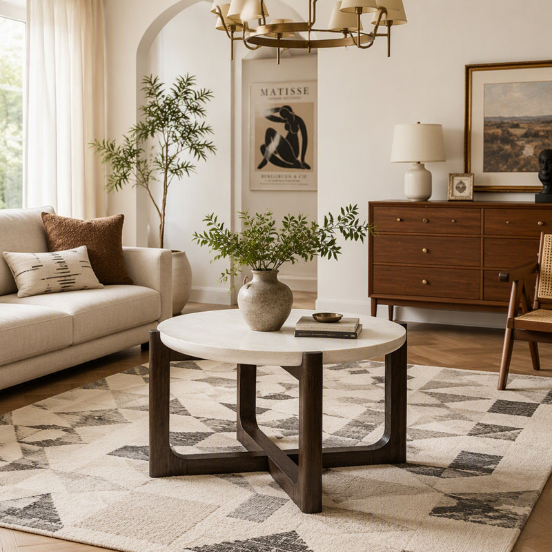 Table basse style transitionnel à dessus en pierre de quartz avec base à tréteaux, finition noyer foncé pour un salon élégant