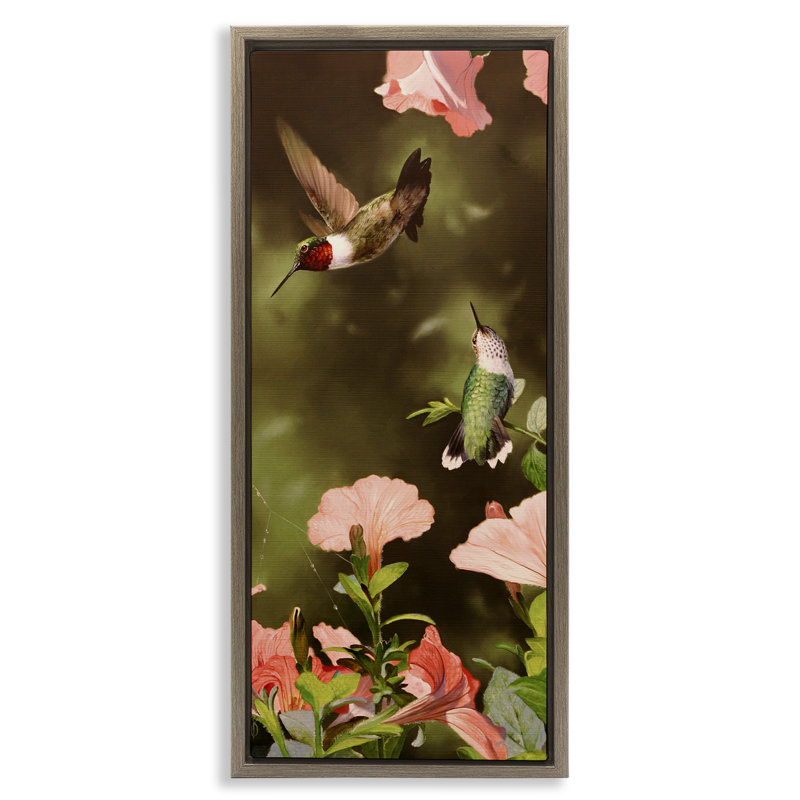«Two Fluttering Hummingbirds», art mural encadré par Mark Kelso, H 25 po x l 11 po, Cadre flottant orme Montalcino