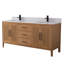 Meuble-lavabo autoportant Tennant Brand de 72 pouces, style moderne du milieu du siècle, couleur chêne brun chaud, double lavabo, comptoir en quartz blanc, entièrement assemblé