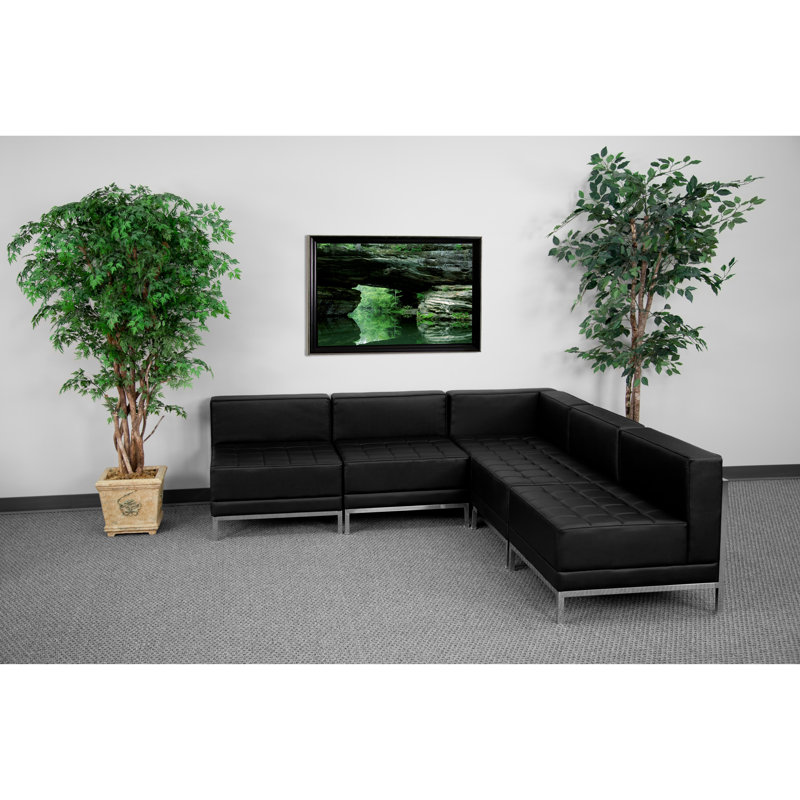 Black Tufted Leather Five Piece Reception Set with Metal Frame