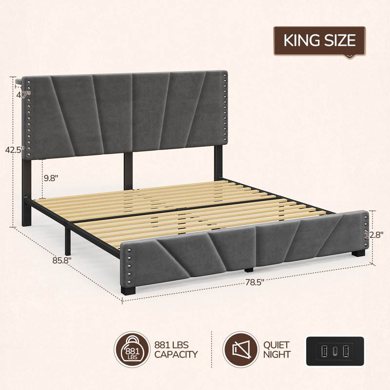 Bed Frame With Velvet Headboard, Storage Platform Bed With Charging Station And Led Lights, Gray, King