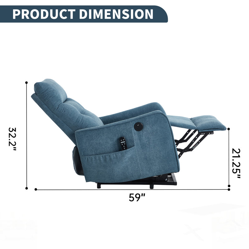 Chenille Single Motor Power Lift Recliner Chair With Massage And Heat For Elderly, Heavy Duty Motion Mechanism And One USB For Charging, Max Reclining Angle 155°