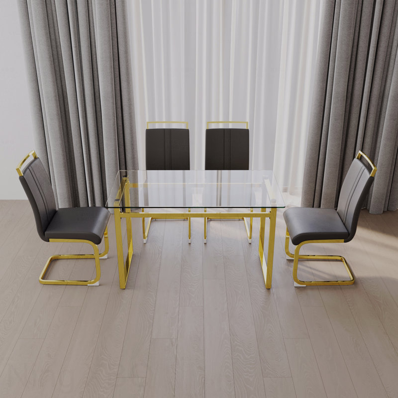 Ensemble de salle à manger moderne 4 pièces: table en verre trempé de 51 po (pieds dorés) et 4 chaises sans accoudoirs en polyuréthane