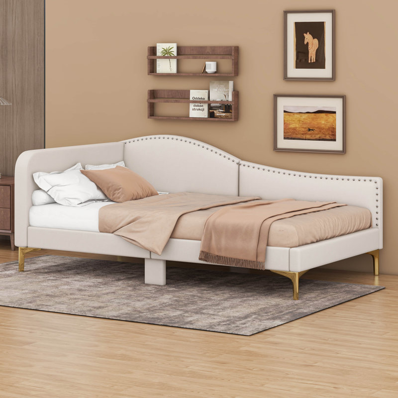 Lit de jour rembourré avec tête de lit et accoudoirs Aliccia, Lit simple, Beige