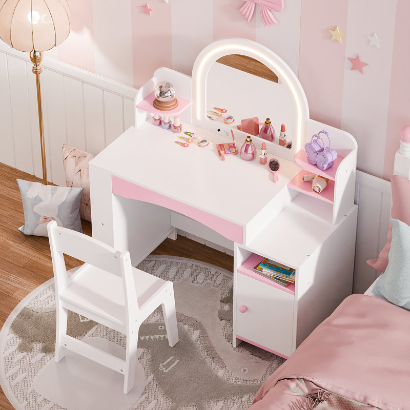 2 in 1 Kids Vanity Set With Mirror And Led Lights, White