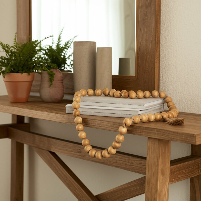 Handcrafted Mango Wood & Jute Decorative Beads with Woven Accents, 1" H x 26" W x 1" D, Brown