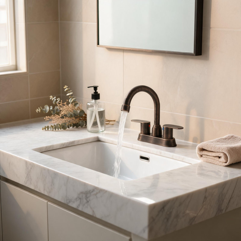 Robinet de lavabo de salle de bain central à 4 poignées 4 pouces en acier inoxydable bronze huilé avec bec pivotant à 360 degrés