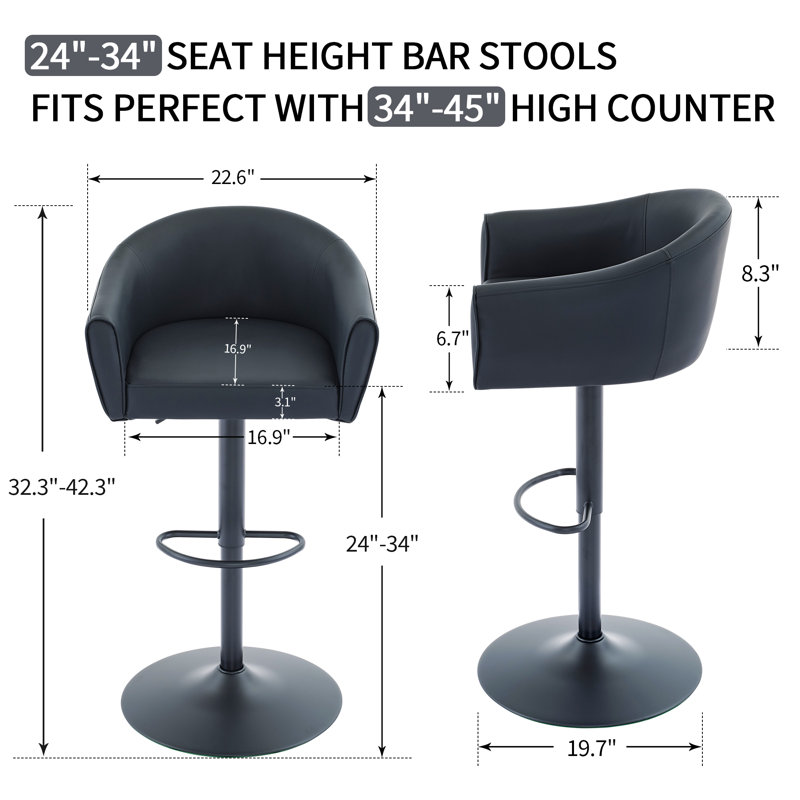 Tabourets de bar pivotants à hauteur réglable avec dossier et accoudoirs (ensemble de 2), Noir, 2