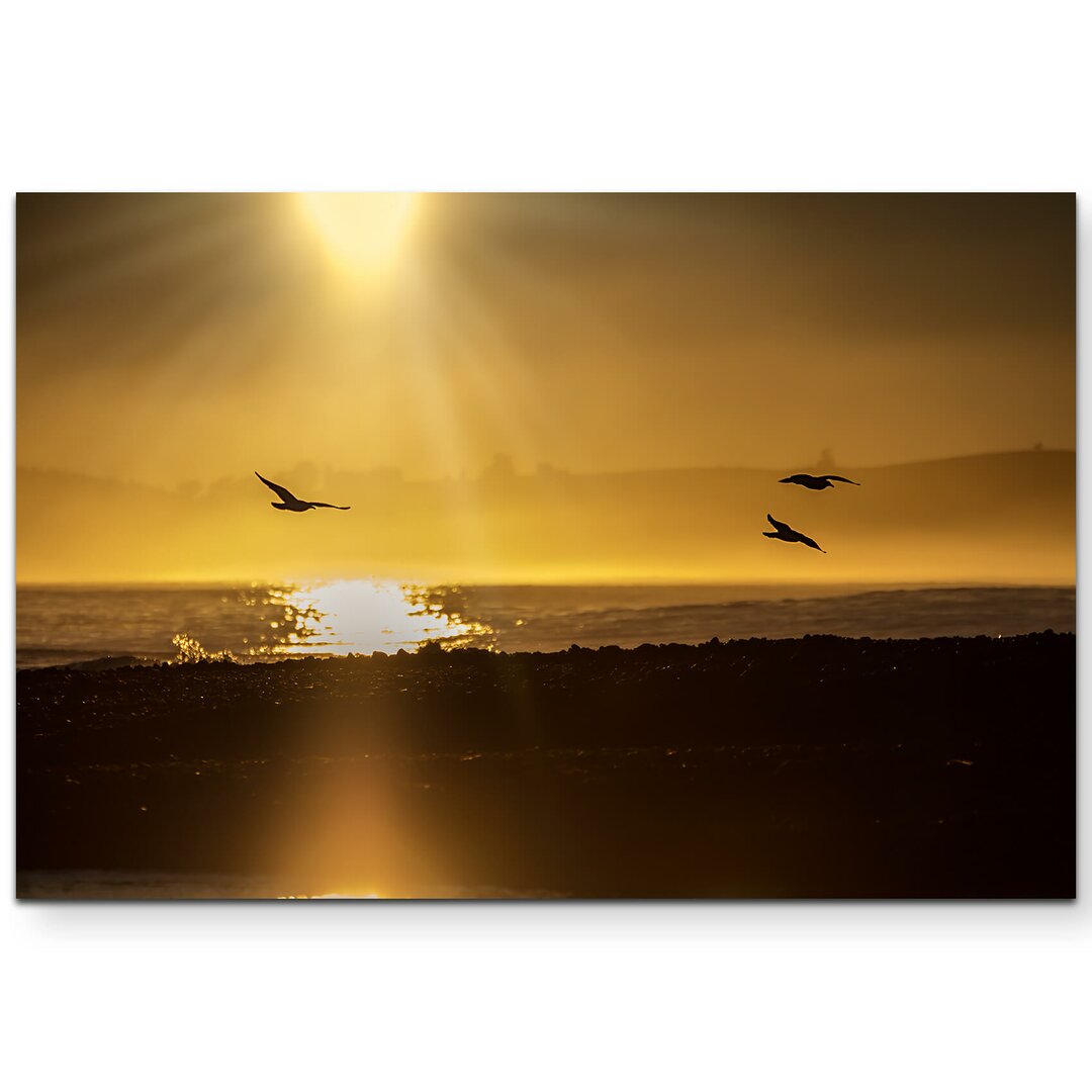 Leinwandbild Sonnenaufgang am Strand mit Möwen – Neuseeland