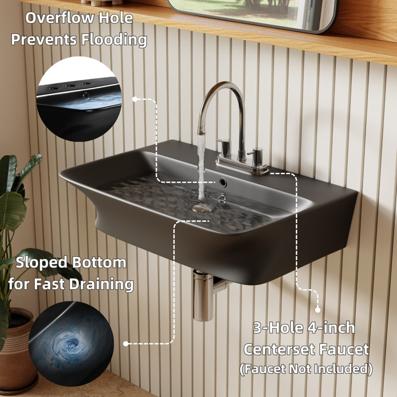 Los Flexi Rectangular Ceramic Wall Mount Sink with Overflow and Centerset Faucet Holes, Black,  4" Centers (3 Holes)