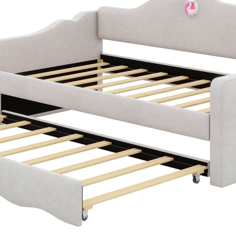 Lit de jour simple rembourré avec lit gigogne escamotable en forme de vague, Beige