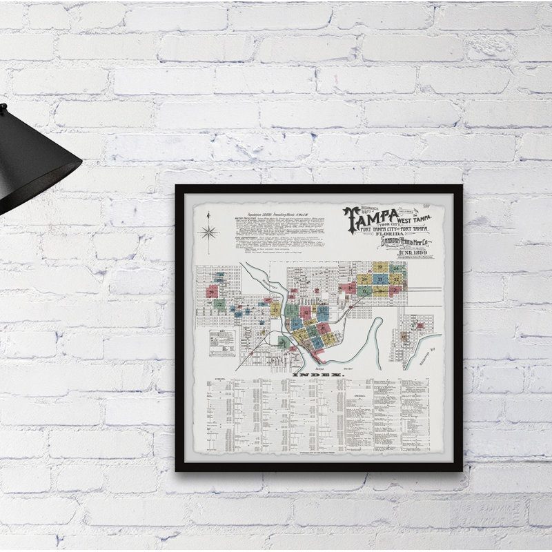 Carte de Tampa, Hillsborough County, Floride - impression d'art graphique sur papier encadré, H 24 po x l 24 po x P 1,5 po