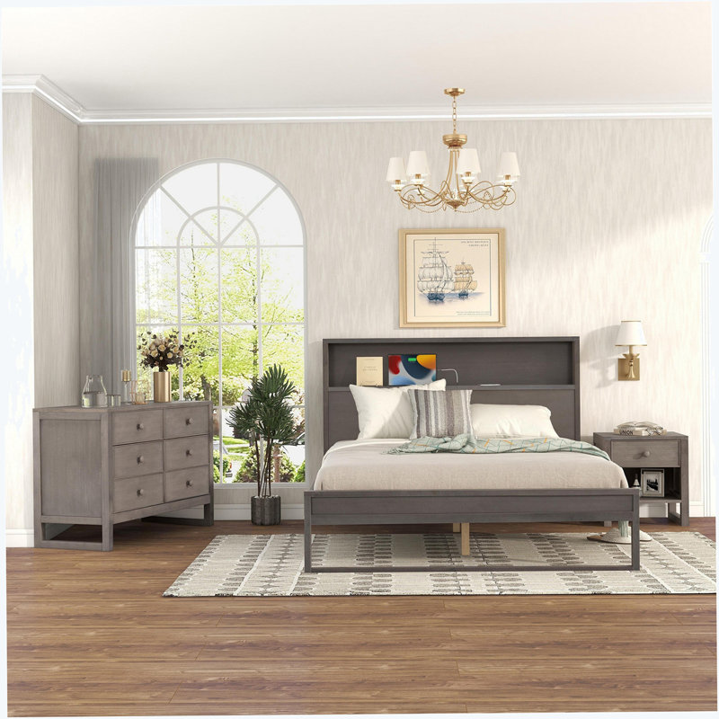 Ensemble de chambre à coucher 3 pièces, Double, Gris antique