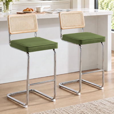 Marlow Upholstered 30" Velvet Bar Stool With Rattan Cane Back And Metal Frame